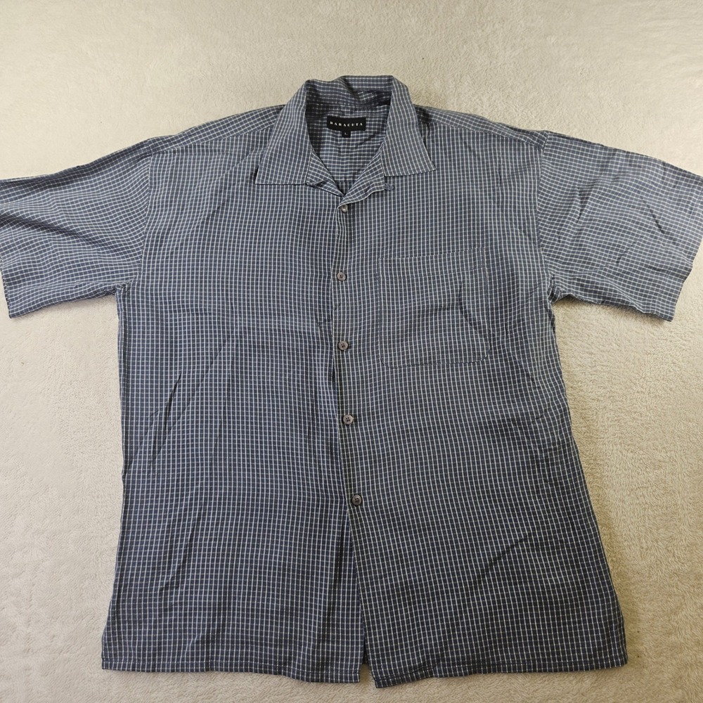 Baracuta Mens Blue White Micro Check Short Sleeve Button Down Shirt Large Modal